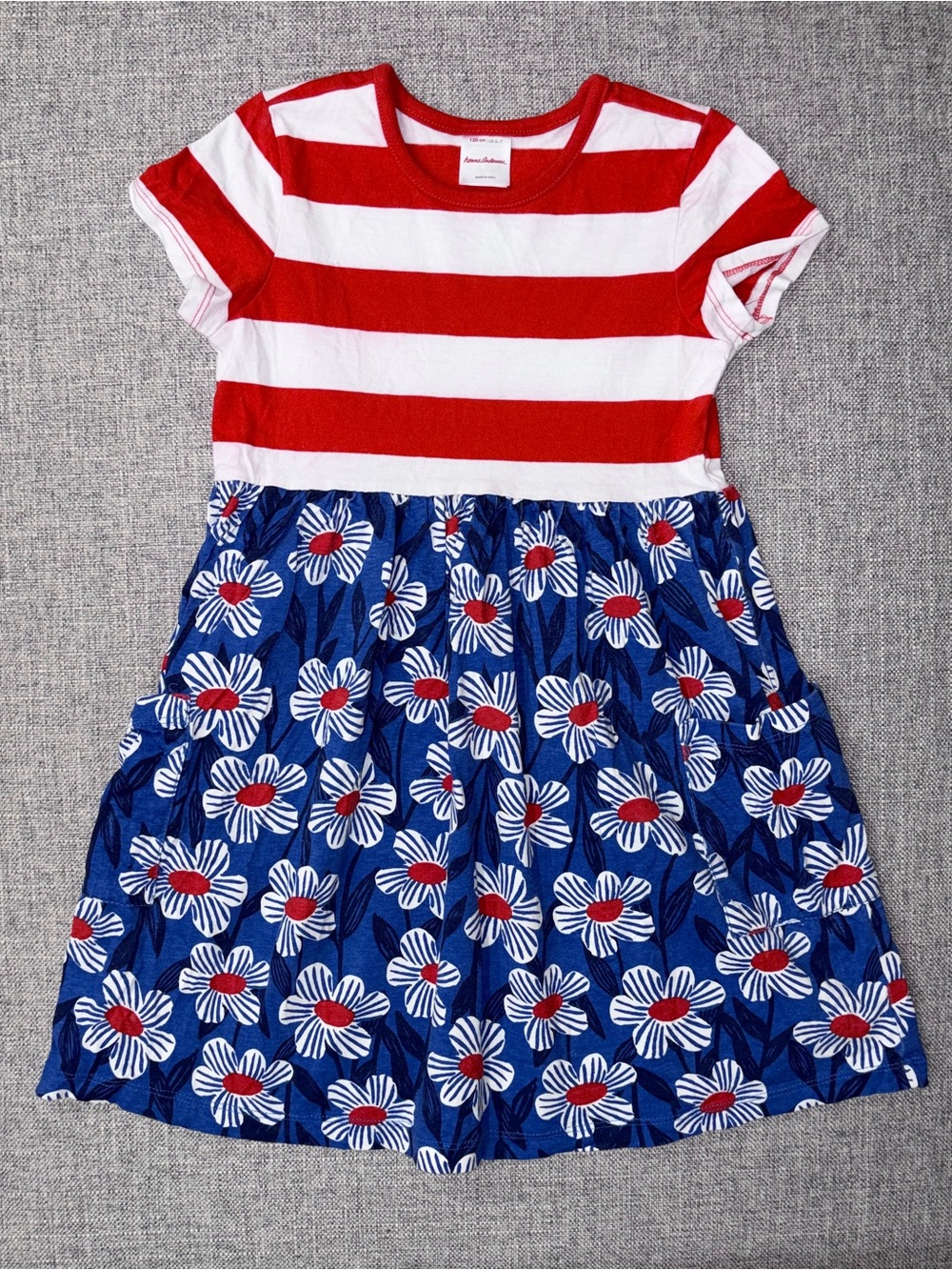 Hanna Andersson Red & Blue Stripe Floral Play Dress size 6/7 VGUC